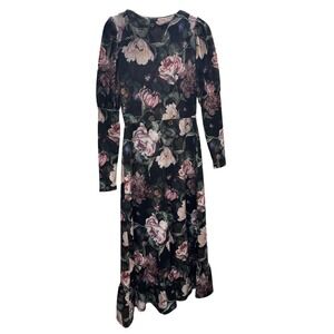 River Island Floral Dress Black‎ Pink front slit Women's Size 8